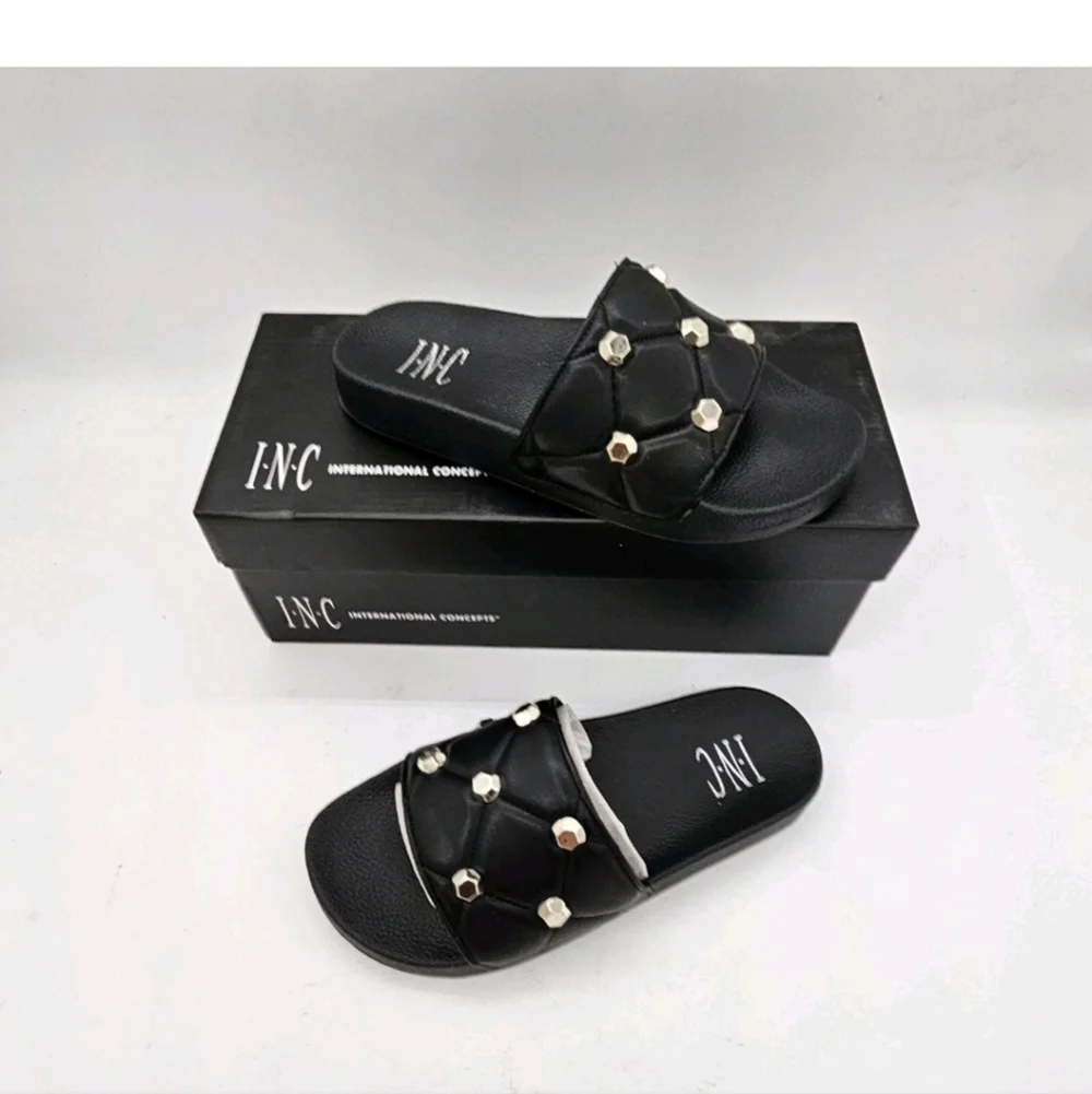 INC Womens Slide Sandals Quilted Peymin Faux Leather Round Toe Slip On Black 6 M